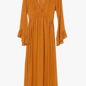 Formal Draping Rust Dress with Bell Sleeves and High Thigh Slit